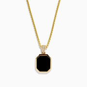 The Mens 14K Yellow Gold Onyx and Diamond Pendant features a diamond-accented bail, an octagonal onyx center bordered in gold, all suspended from a yellow gold chain.