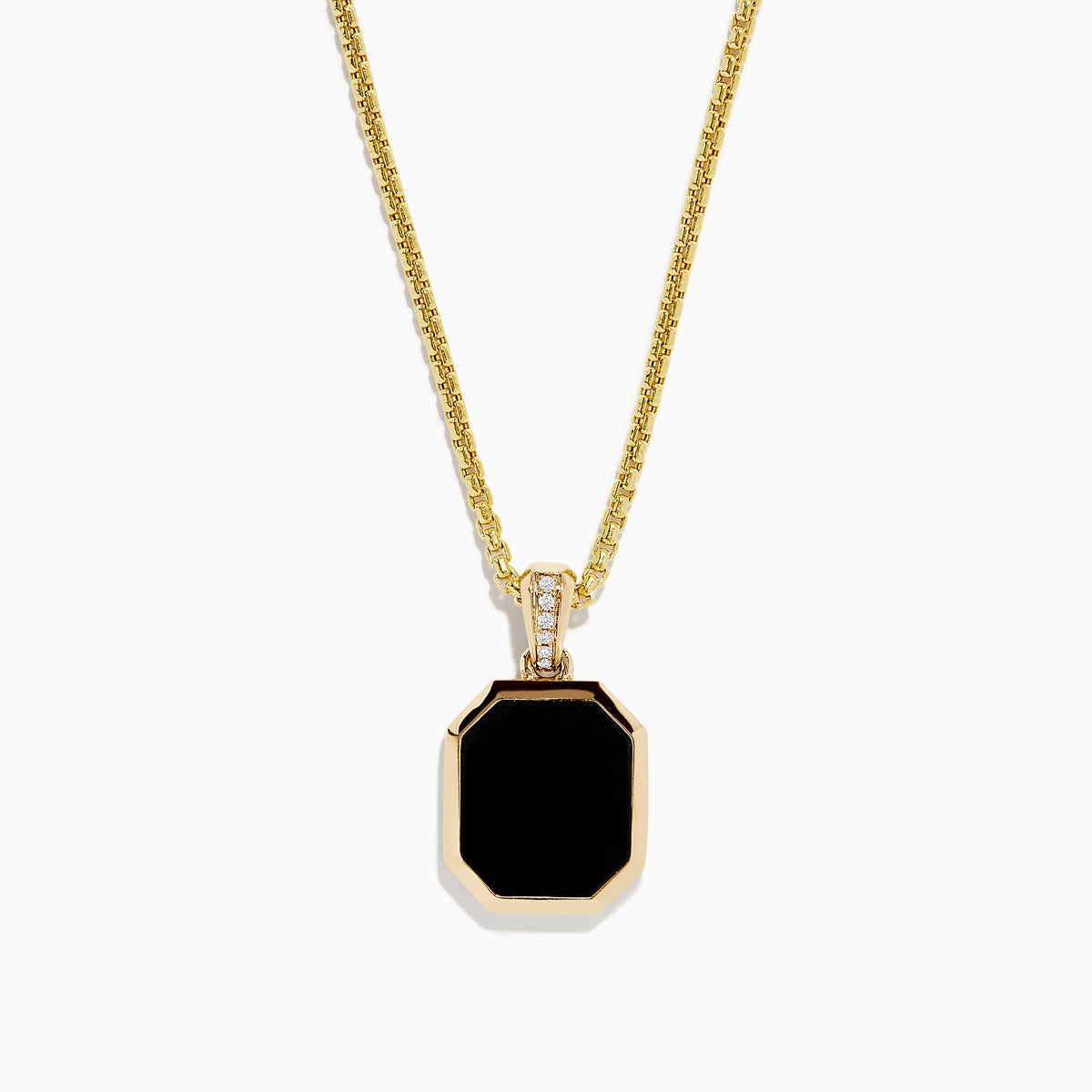 The Mens 14K Yellow Gold Onyx and Diamond Pendant features a diamond-accented bail, an octagonal onyx center bordered in gold, all suspended from a yellow gold chain.
