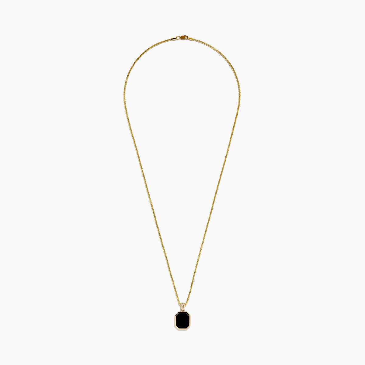 The Mens 14K Yellow Gold Onyx and Diamond Pendant features a diamond-accented bail, an octagonal onyx center bordered in gold, all suspended from a yellow gold chain.