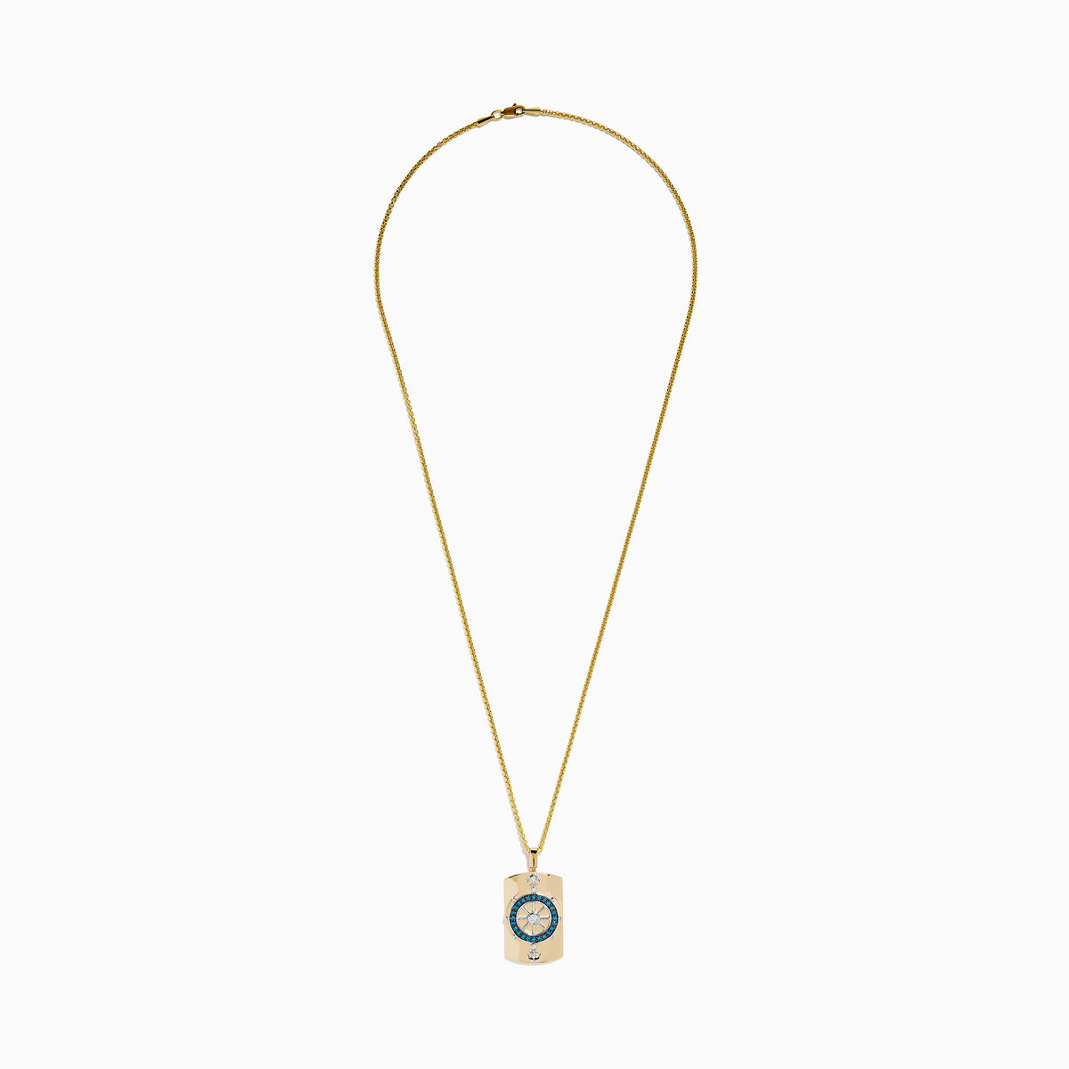 Men's 14K two tone gold dog tag pendant features a diamond ship’s wheel with blue and white diamonds, accented by silver anchors at the top and bottom.