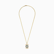 Men's 14K two tone gold dog tag pendant features a diamond ship’s wheel with blue and white diamonds, accented by silver anchors at the top and bottom.