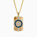Men's 14K two tone gold dog tag pendant features a diamond ship’s wheel with blue and white diamonds, accented by silver anchors at the top and bottom.