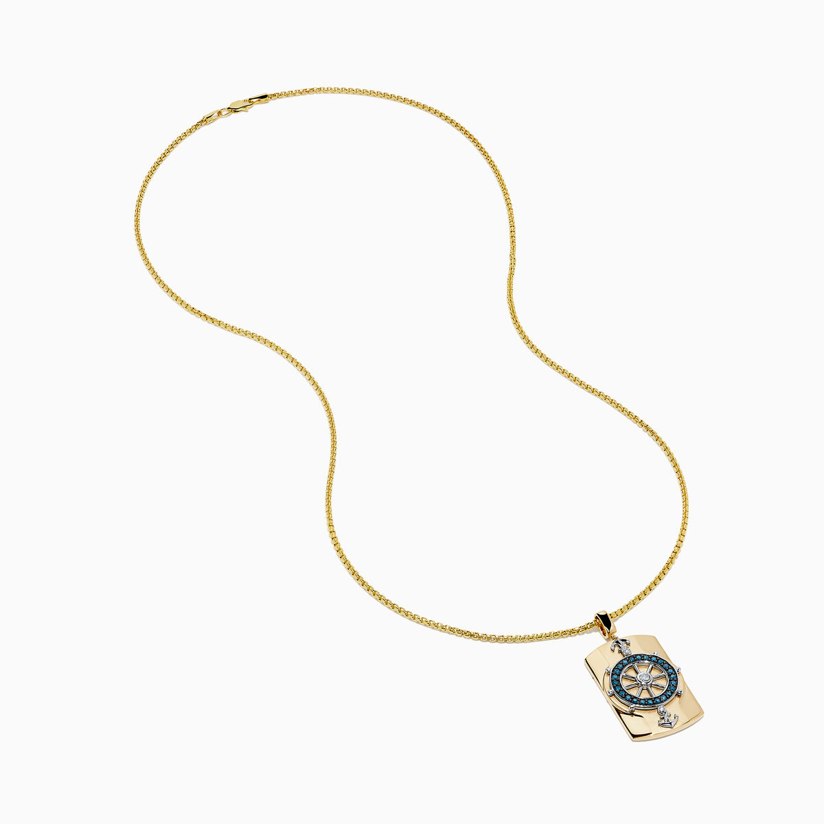 Men's 14K two tone gold dog tag pendant features a diamond ship’s wheel with blue and white diamonds, accented by silver anchors at the top and bottom.