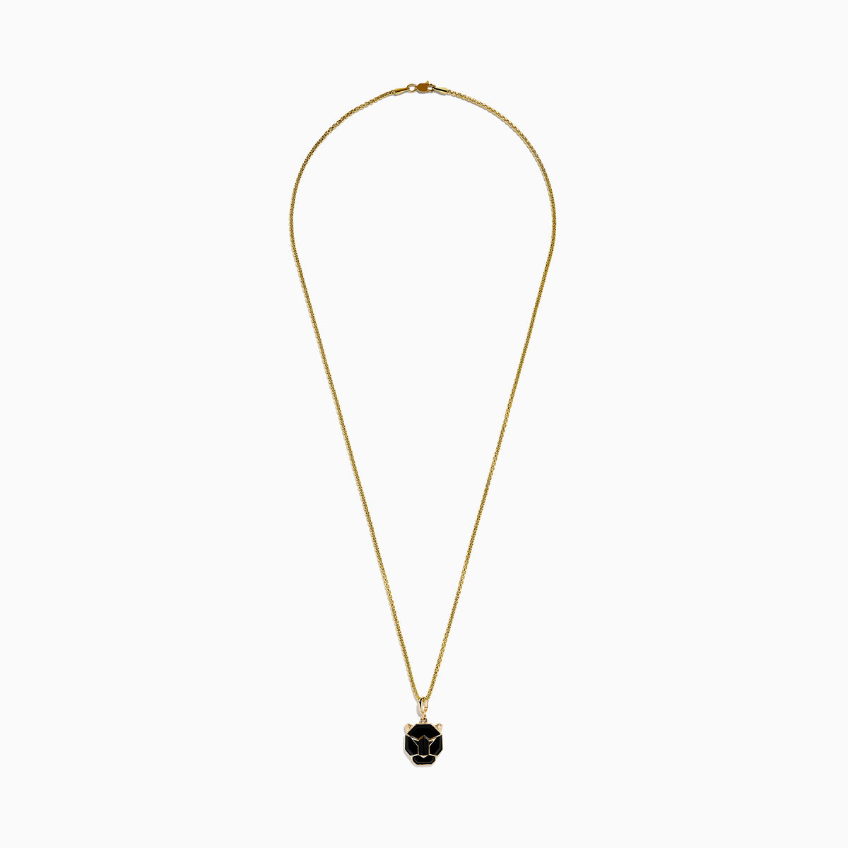 The Mens 14K Yellow Gold Onyx Panther Pendant features a geometric black and gold design, elegantly displayed on a yellow gold chain against a white background.