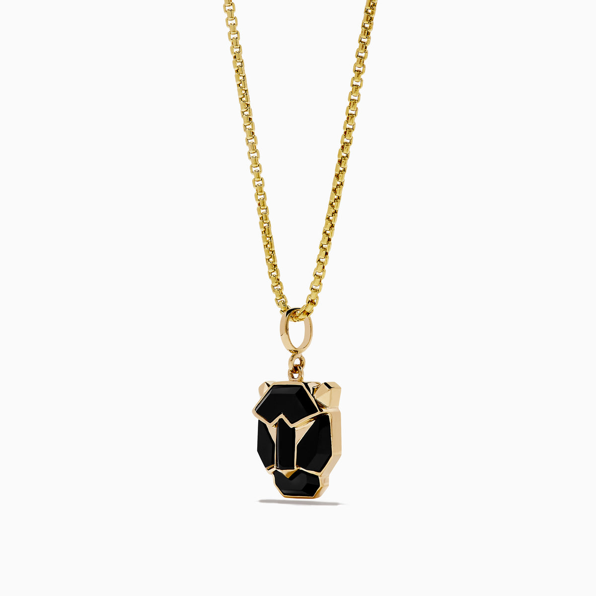 The Mens 14K Yellow Gold Onyx Panther Pendant features a geometric black and gold design, elegantly displayed on a yellow gold chain against a white background.