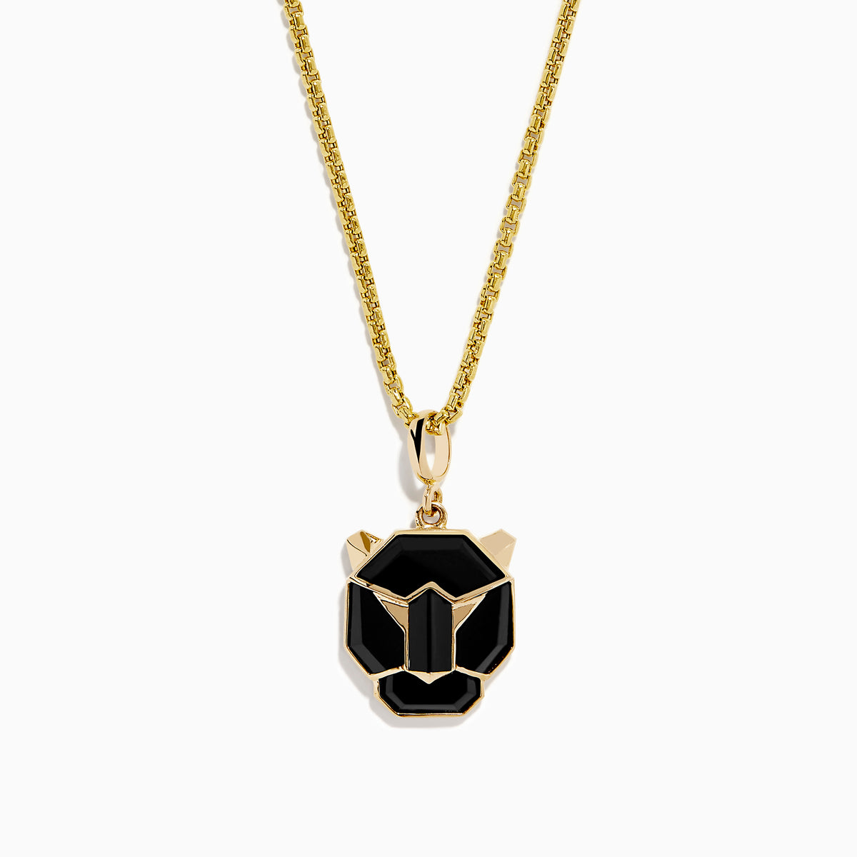 The Mens 14K Yellow Gold Onyx Panther Pendant features a geometric black and gold design, elegantly displayed on a yellow gold chain against a white background.