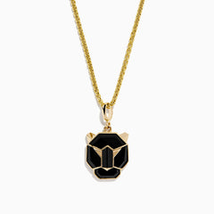 The Mens 14K Yellow Gold Onyx Panther Pendant features a geometric black and gold design, elegantly displayed on a yellow gold chain against a white background.