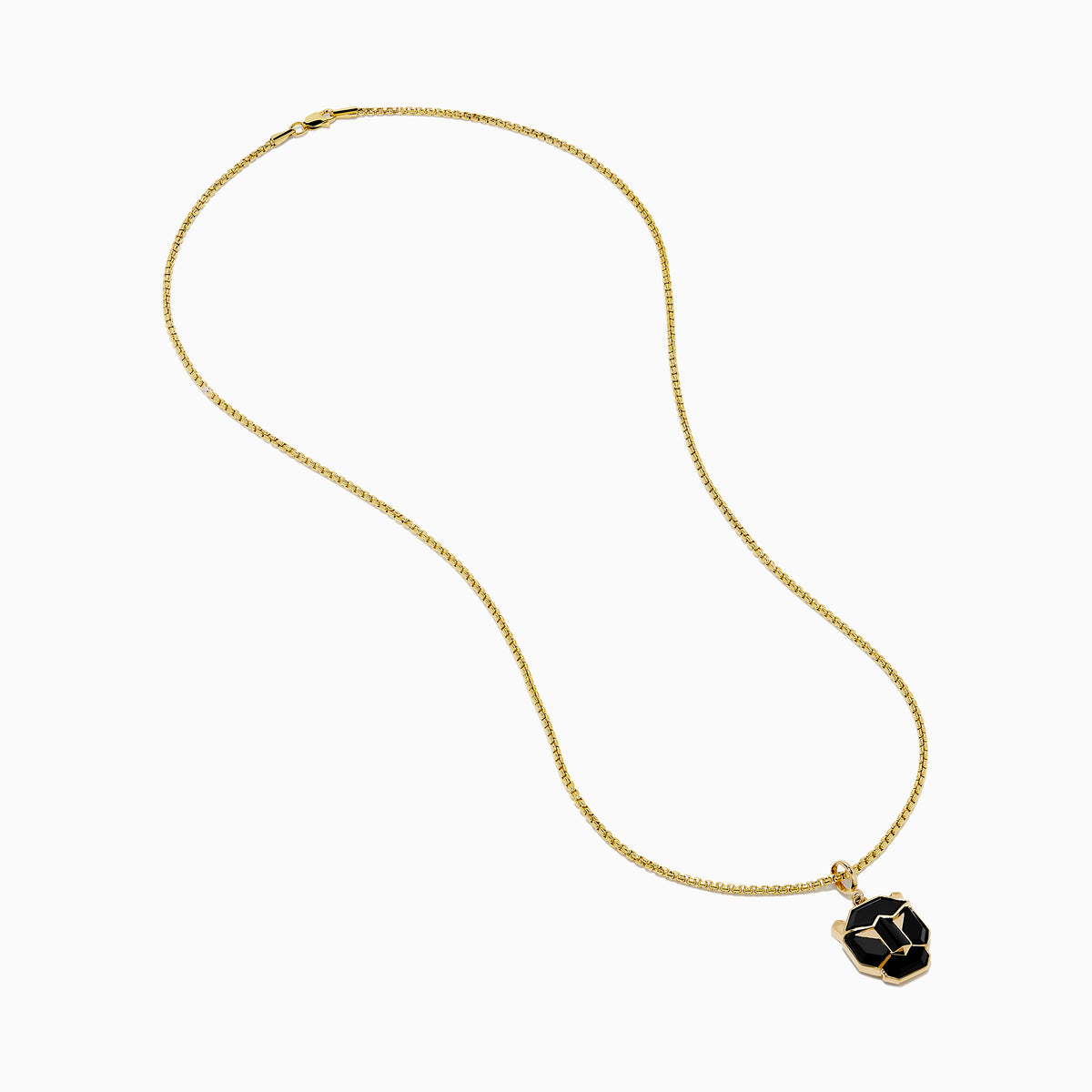 The Mens 14K Yellow Gold Onyx Panther Pendant features a geometric black and gold design, elegantly displayed on a yellow gold chain against a white background.