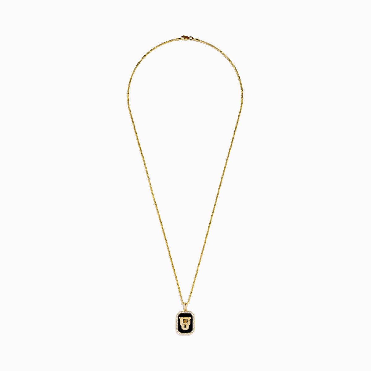 The Men's 14K Yellow Gold Onyx and Diamond Panther Dog Tag Pendant features a rectangular onyx accented with diamonds and a gold panther head set against a black background.