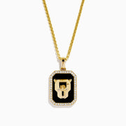The Men's 14K Yellow Gold Onyx and Diamond Panther Dog Tag Pendant features a rectangular onyx accented with diamonds and a gold panther head set against a black background.