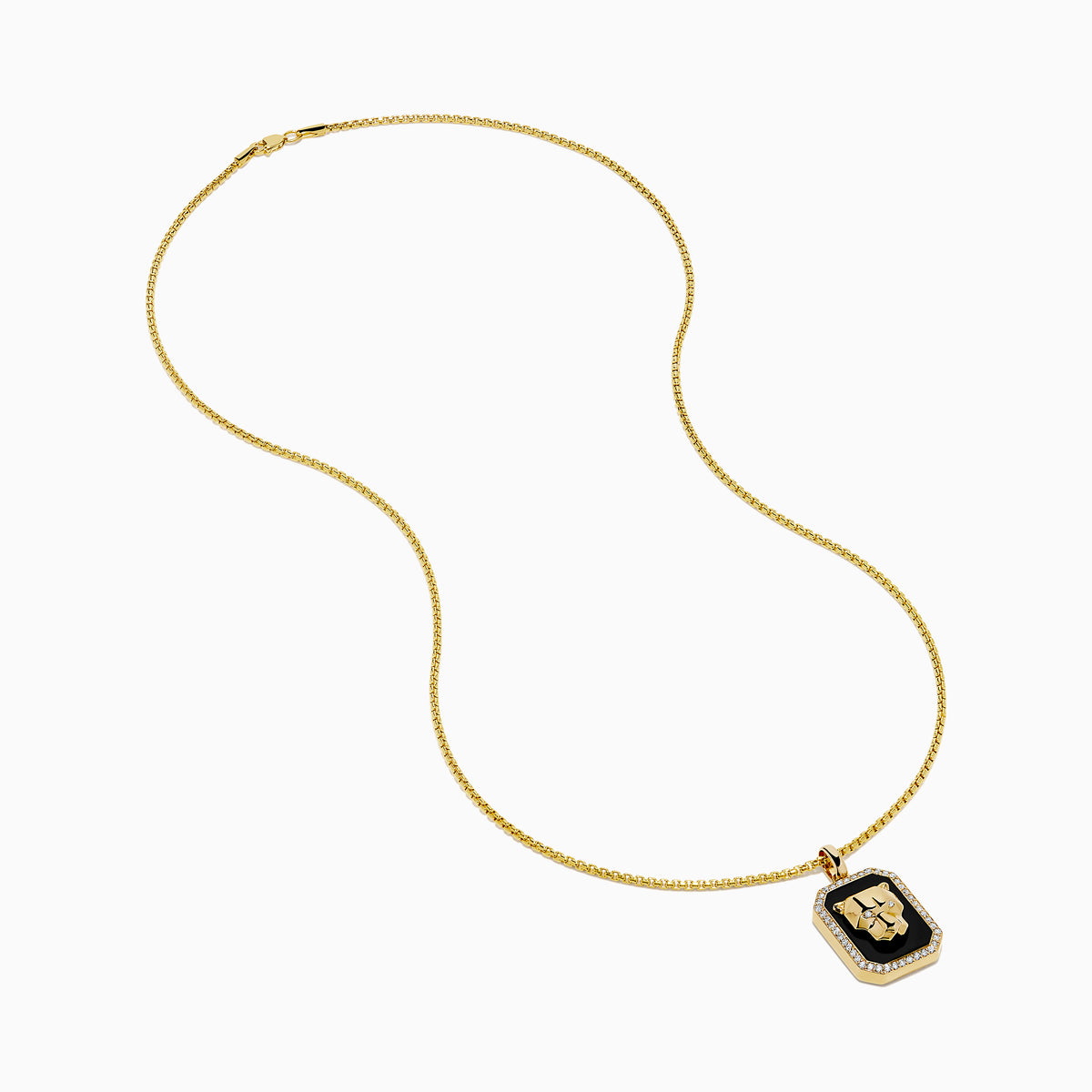 The Men's 14K Yellow Gold Onyx and Diamond Panther Dog Tag Pendant features a rectangular onyx accented with diamonds and a gold panther head set against a black background.