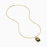 The Men's 14K Yellow Gold Onyx and Diamond Panther Dog Tag Pendant features a rectangular onyx accented with diamonds and a gold panther head set against a black background.