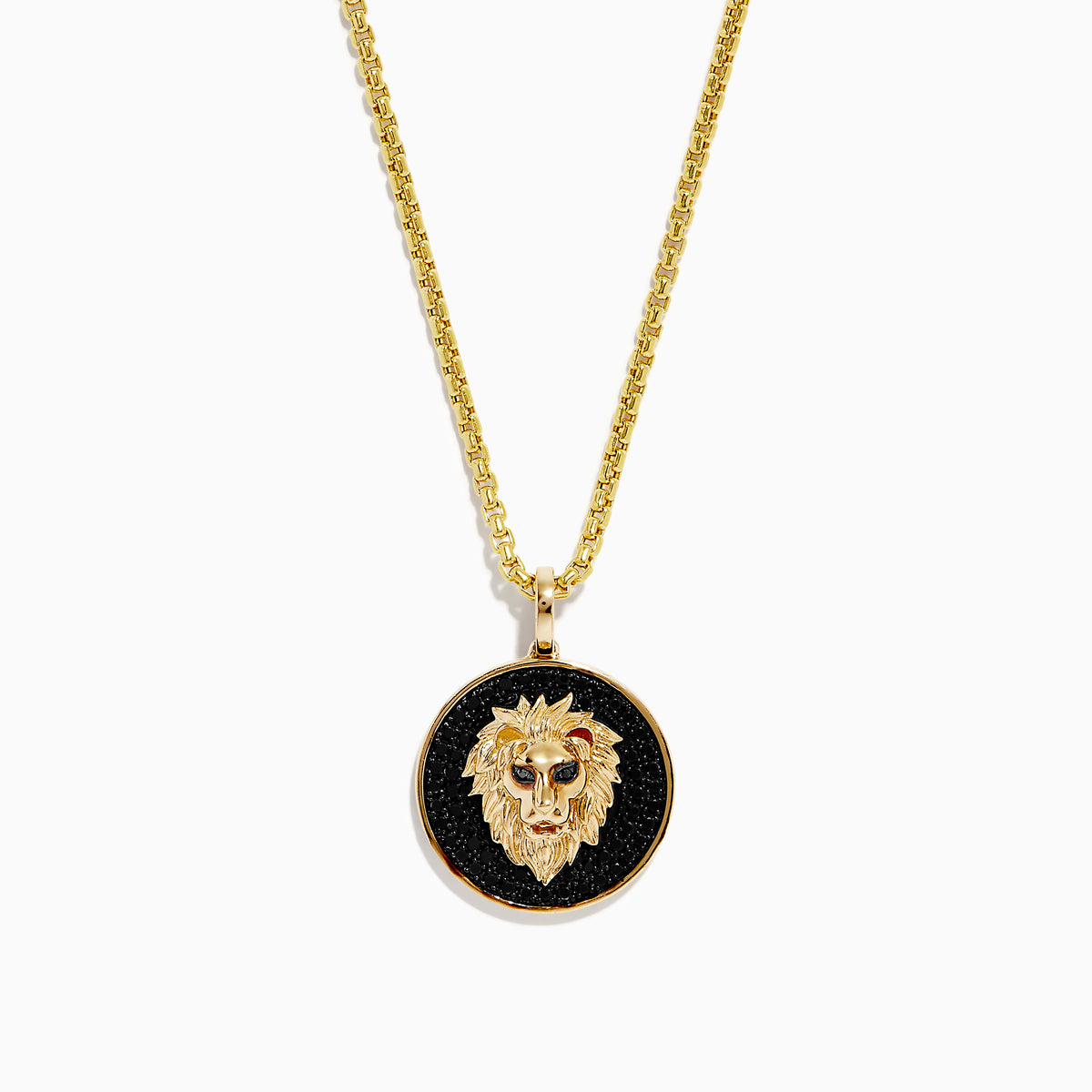 The Mens 14K Yellow Gold Black Diamond Lion Head Pendant features a detailed lion head on a black textured background, red eyes, and hangs from a shiny medium-thick chain for an impressive look.