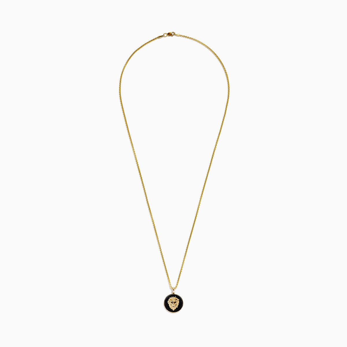 The Mens 14K Yellow Gold Black Diamond Lion Head Pendant features a detailed lion head on a black textured background, red eyes, and hangs from a shiny medium-thick chain for an impressive look.