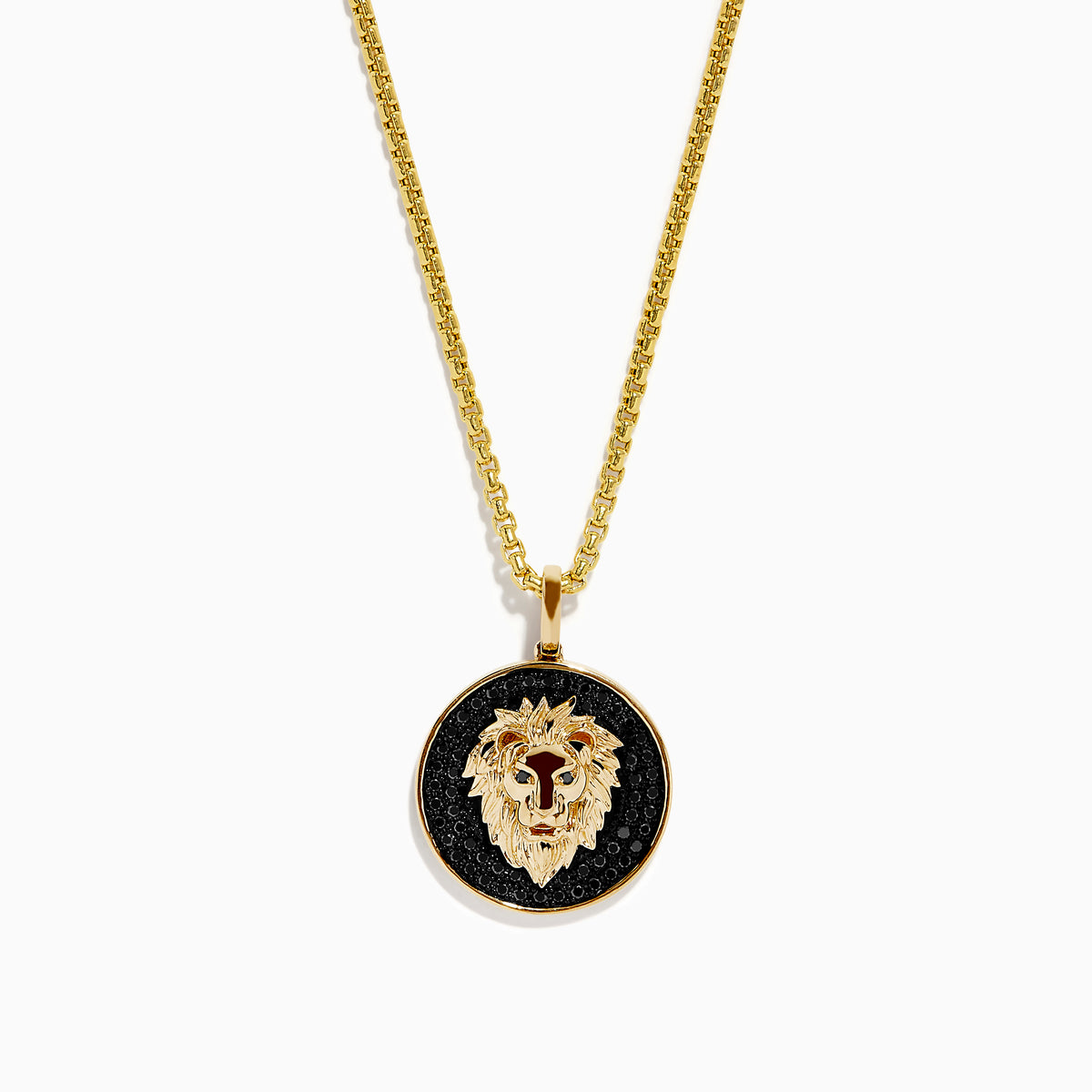 Mens 14K Yellow Gold Black Diamond Lion Pendant features a detailed lion head on a black background, set in a circular gold frame for bold elegance.