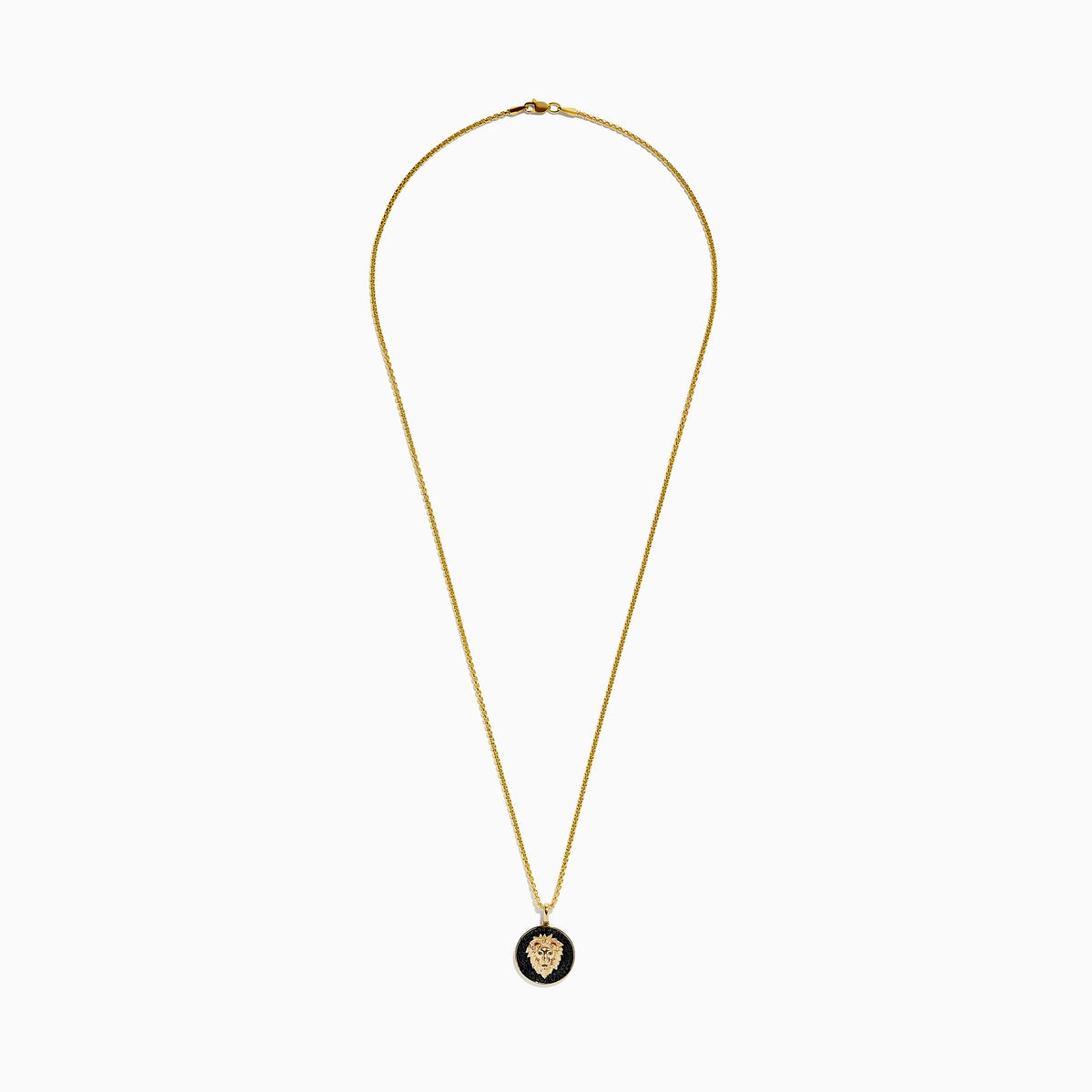 Mens 14K Yellow Gold Black Diamond Lion Pendant features a detailed lion head on a black background, set in a circular gold frame for bold elegance.