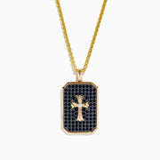 Mens 14K Yellow Gold Cross Pendant featuring a raised cross design accented with black sapphires and sparkling diamonds.