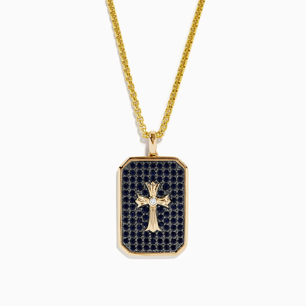 Mens 14K Yellow Gold Cross Pendant featuring a raised cross design accented with black sapphires and sparkling diamonds.