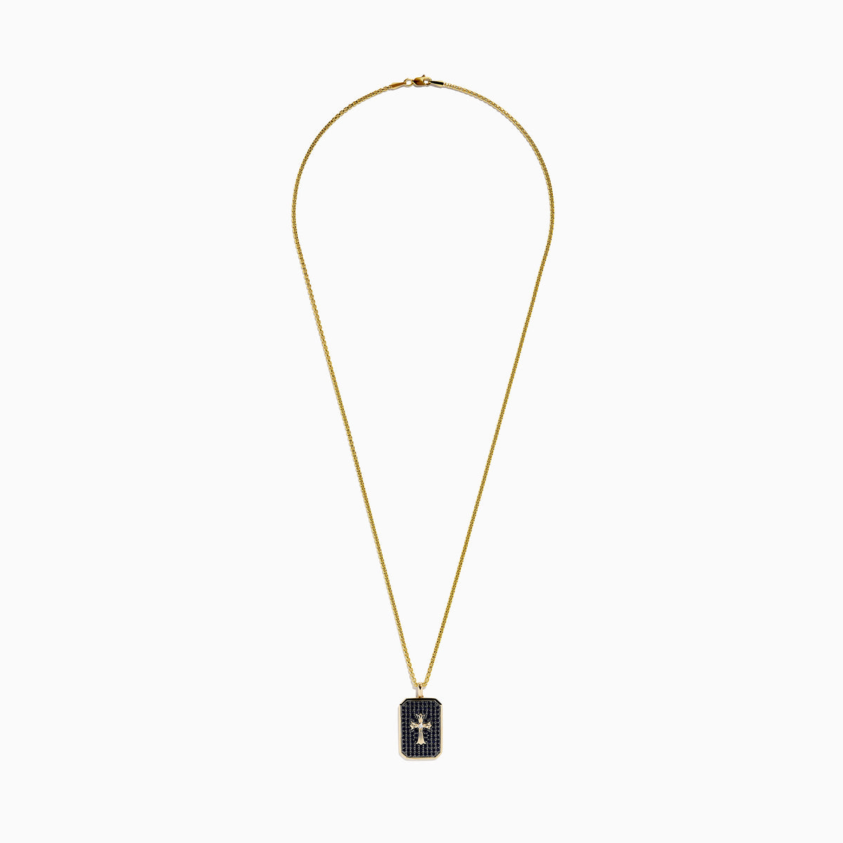 Mens 14K Yellow Gold Cross Pendant featuring a raised cross design accented with black sapphires and sparkling diamonds.