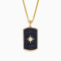 A mens 14K yellow gold dog tag pendant featuring black sapphires and diamonds, offering a bold and elegant look.
