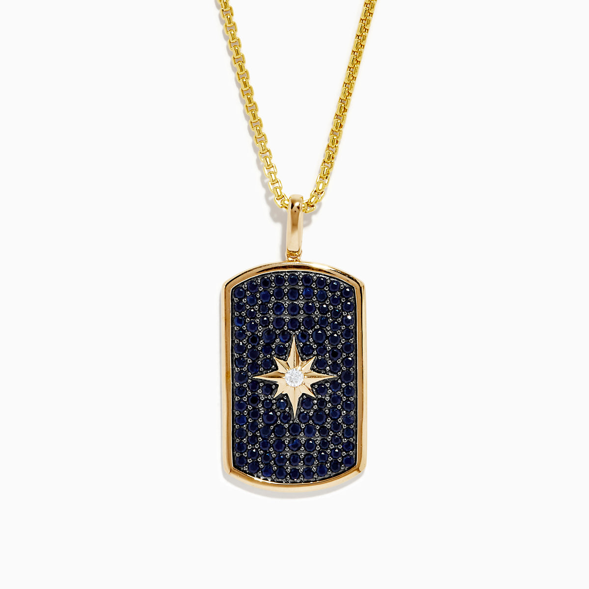A mens 14K yellow gold dog tag pendant featuring black sapphires and diamonds, offering a bold and elegant look.