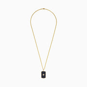 A mens 14K yellow gold dog tag pendant featuring black sapphires and diamonds, offering a bold and elegant look.