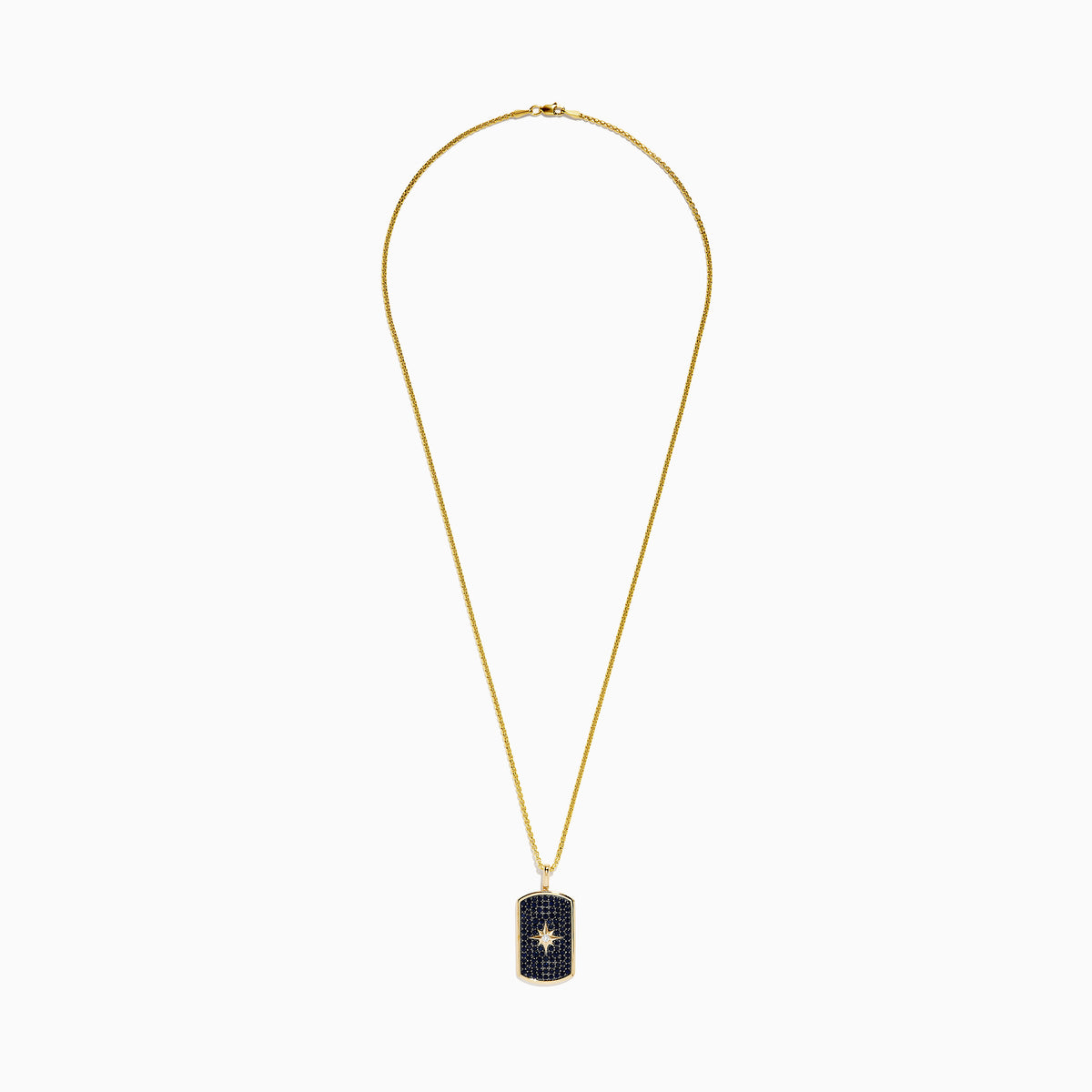 A mens 14K yellow gold dog tag pendant featuring black sapphires and diamonds, offering a bold and elegant look.