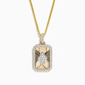 The Casino Mens 14K Yellow Gold Diamond Spade Suit Pendant features a rectangular charm with a diamond spade symbol, surrounded by small diamonds and a sunburst pattern—an elegant piece from Effy’s Casino collection.