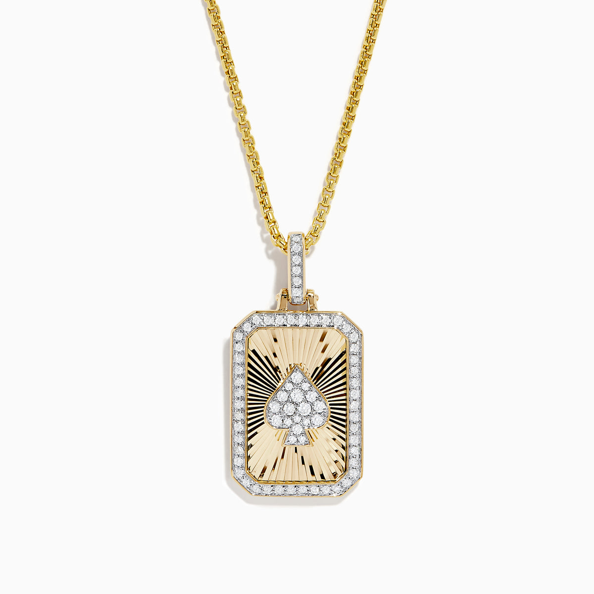 The Casino Mens 14K Yellow Gold Diamond Spade Suit Pendant features a rectangular charm with a diamond spade symbol, surrounded by small diamonds and a sunburst pattern—an elegant piece from Effy’s Casino collection.