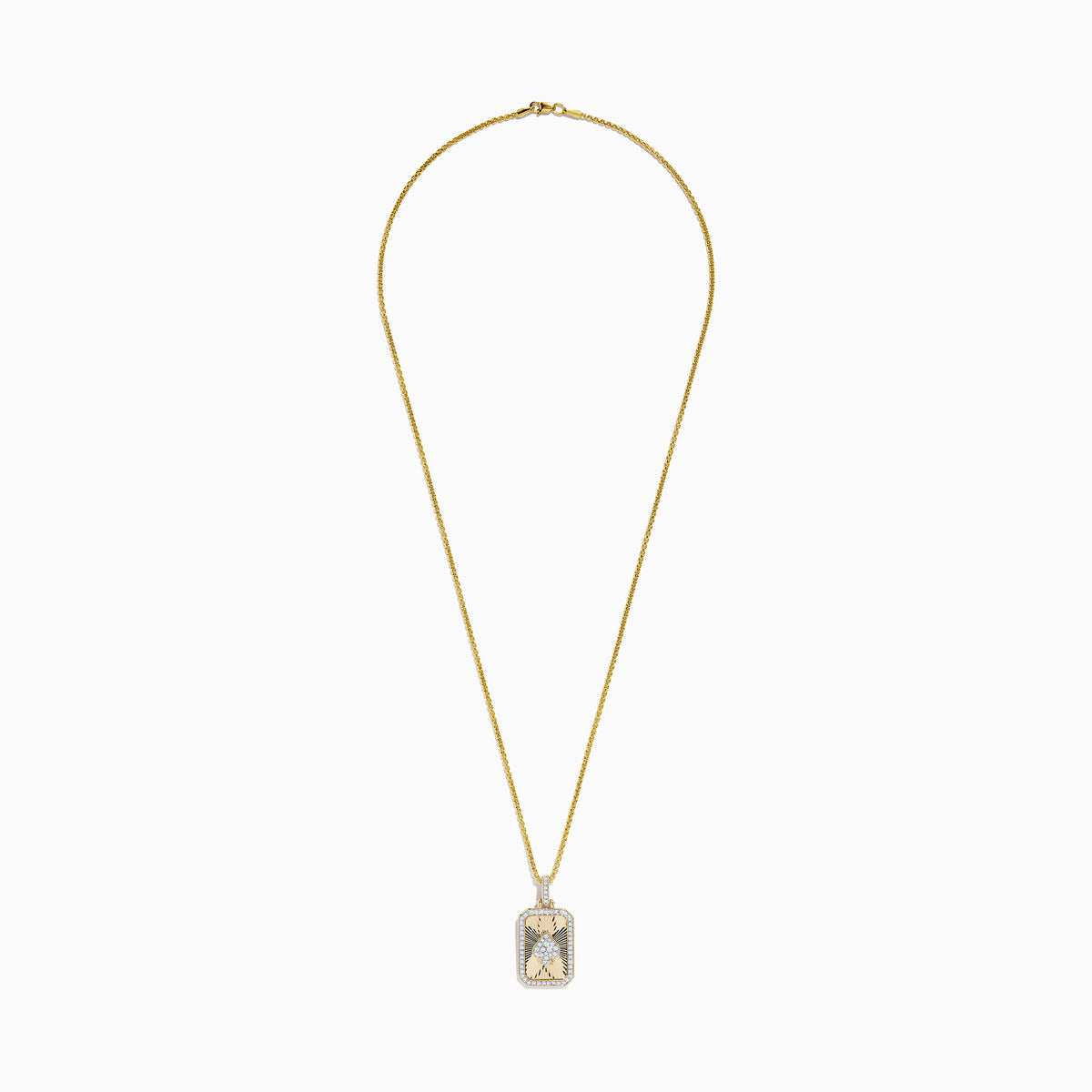 The Casino Mens 14K Yellow Gold Diamond Spade Suit Pendant features a rectangular charm with a diamond spade symbol, surrounded by small diamonds and a sunburst pattern—an elegant piece from Effy’s Casino collection.