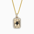 A staple for mens jewelry: the Casino Mens 14K Yellow Gold Diamond Diamonds-Suit Pendant, featuring a diamond-shaped black gemstone center, radiating engraved lines, clear stone border, and a gold chain.
