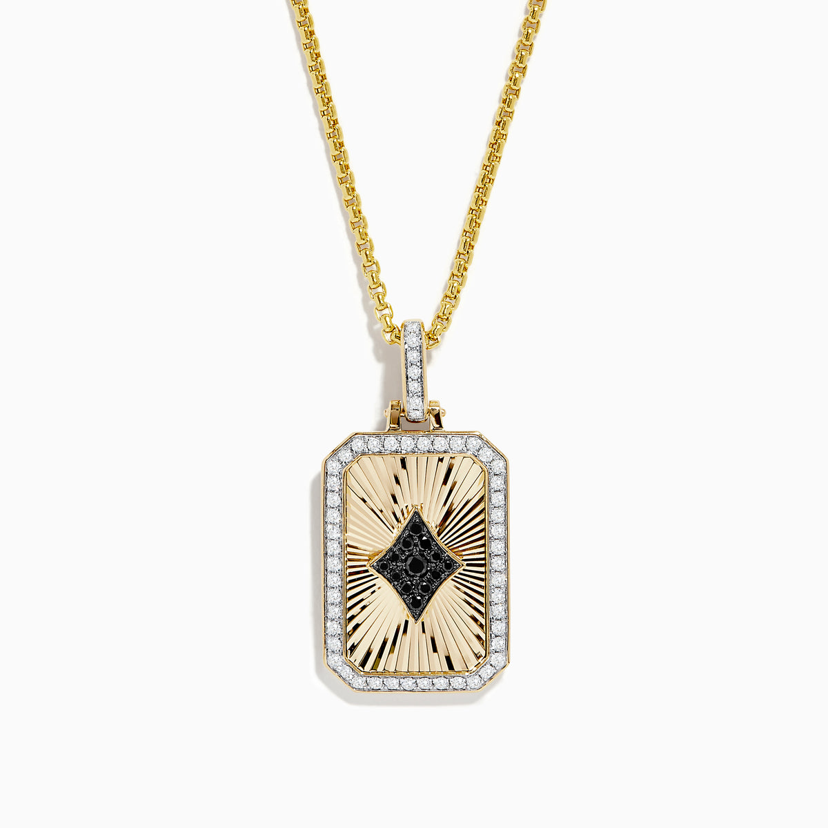 A staple for mens jewelry: the Casino Mens 14K Yellow Gold Diamond Diamonds-Suit Pendant, featuring a diamond-shaped black gemstone center, radiating engraved lines, clear stone border, and a gold chain.