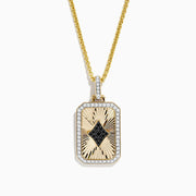 A staple for mens jewelry: the Casino Mens 14K Yellow Gold Diamond Diamonds-Suit Pendant, featuring a diamond-shaped black gemstone center, radiating engraved lines, clear stone border, and a gold chain.