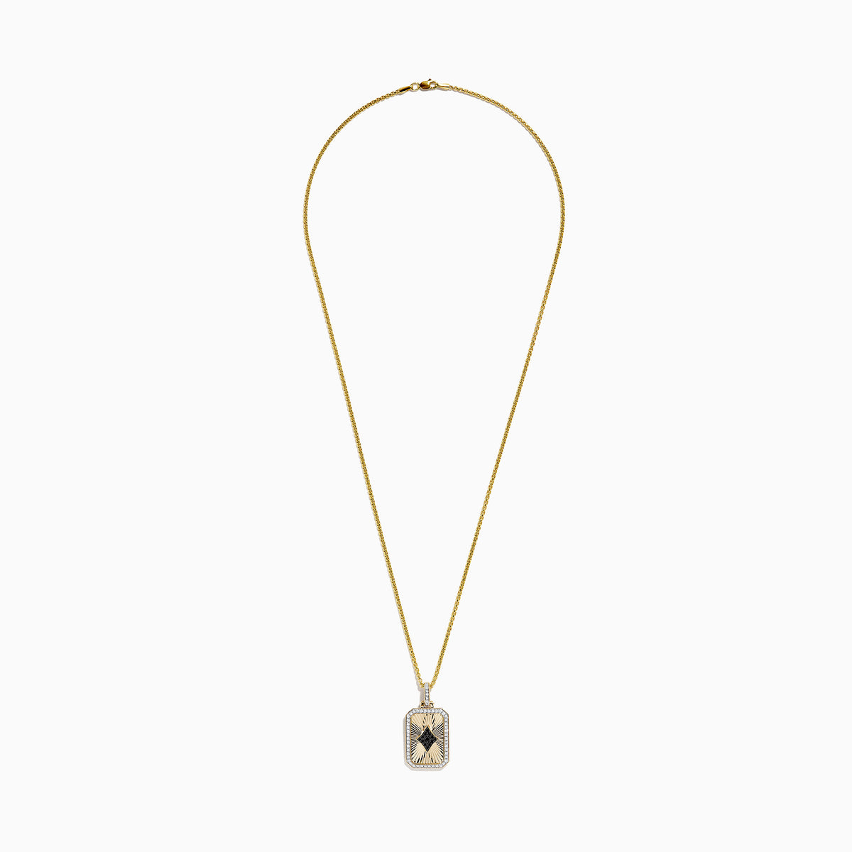 A staple for mens jewelry: the Casino Mens 14K Yellow Gold Diamond Diamonds-Suit Pendant, featuring a diamond-shaped black gemstone center, radiating engraved lines, clear stone border, and a gold chain.