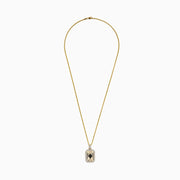 A staple for mens jewelry: the Casino Mens 14K Yellow Gold Diamond Diamonds-Suit Pendant, featuring a diamond-shaped black gemstone center, radiating engraved lines, clear stone border, and a gold chain.