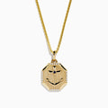 The Mens 14K Yellow Gold Blue Sapphire and Diamond Anchor Pendant features an octagonal anchor design with a central blue sapphire and diamond accents, suspended from a gold chain and displayed against a white background.