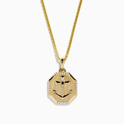 The Mens 14K Yellow Gold Blue Sapphire and Diamond Anchor Pendant features an octagonal anchor design with a central blue sapphire and diamond accents, suspended from a gold chain and displayed against a white background.