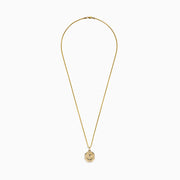 The Mens 14K Yellow Gold Blue Sapphire and Diamond Anchor Pendant features an octagonal anchor design with a central blue sapphire and diamond accents, suspended from a gold chain and displayed against a white background.