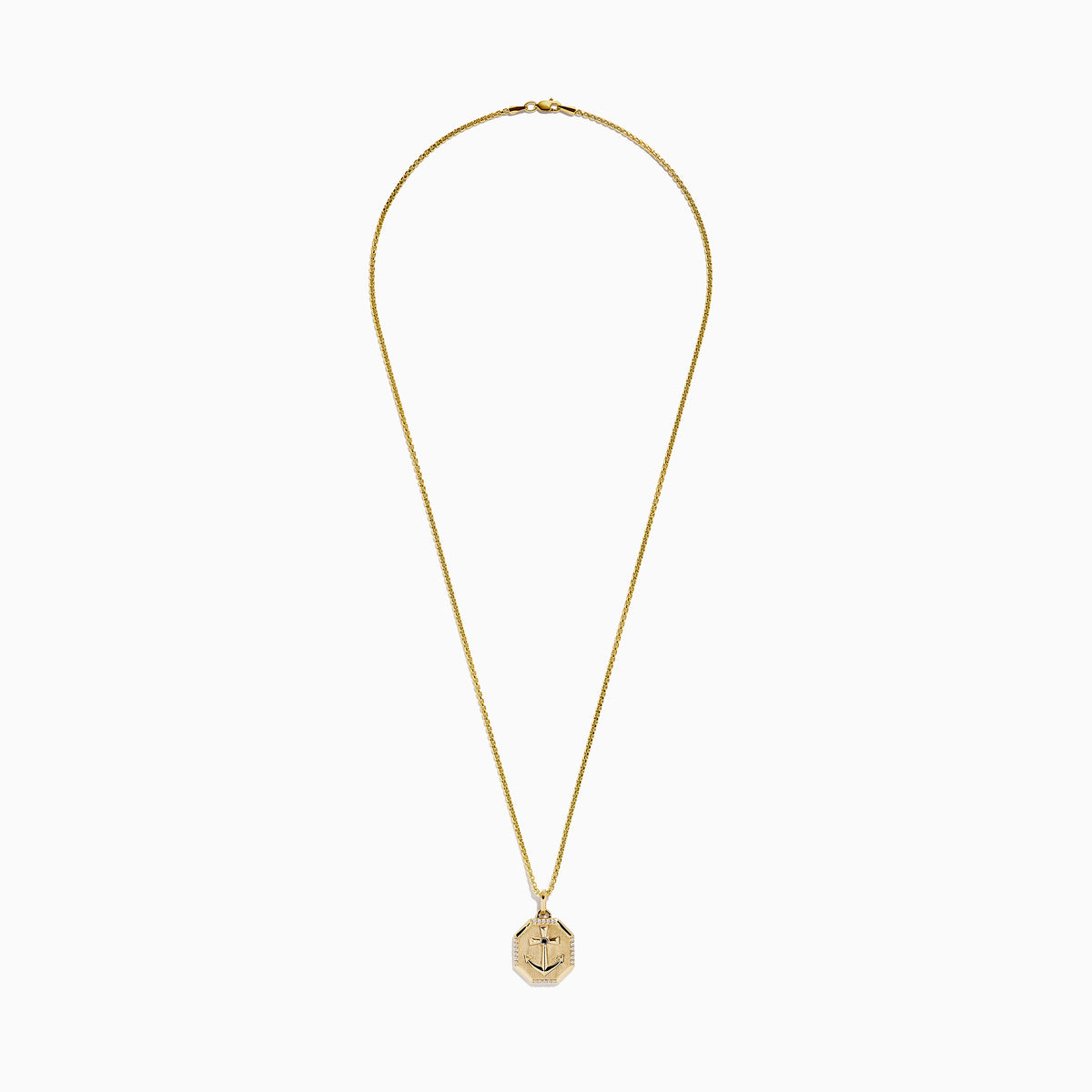The Mens 14K Yellow Gold Blue Sapphire and Diamond Anchor Pendant features an octagonal anchor design with a central blue sapphire and diamond accents, suspended from a gold chain and displayed against a white background.