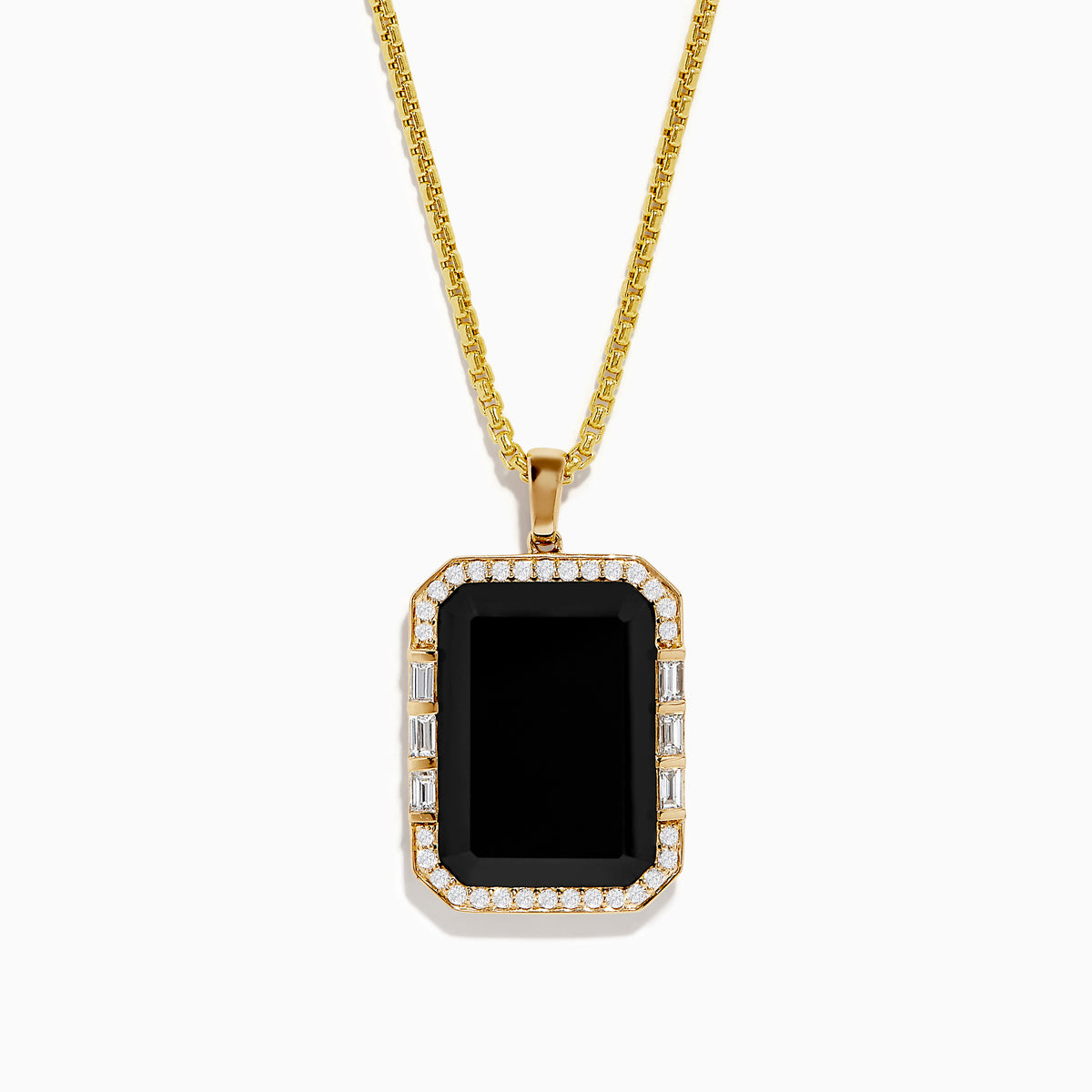 The Mens 14K Yellow Gold Black Onyx and Diamond Pendant features a rectangular black onyx bordered by diamonds, hanging from a delicate gold chain against a white background.