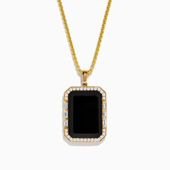 The Mens 14K Yellow Gold Black Onyx and Diamond Pendant features a rectangular black onyx bordered by diamonds, hanging from a delicate gold chain against a white background.