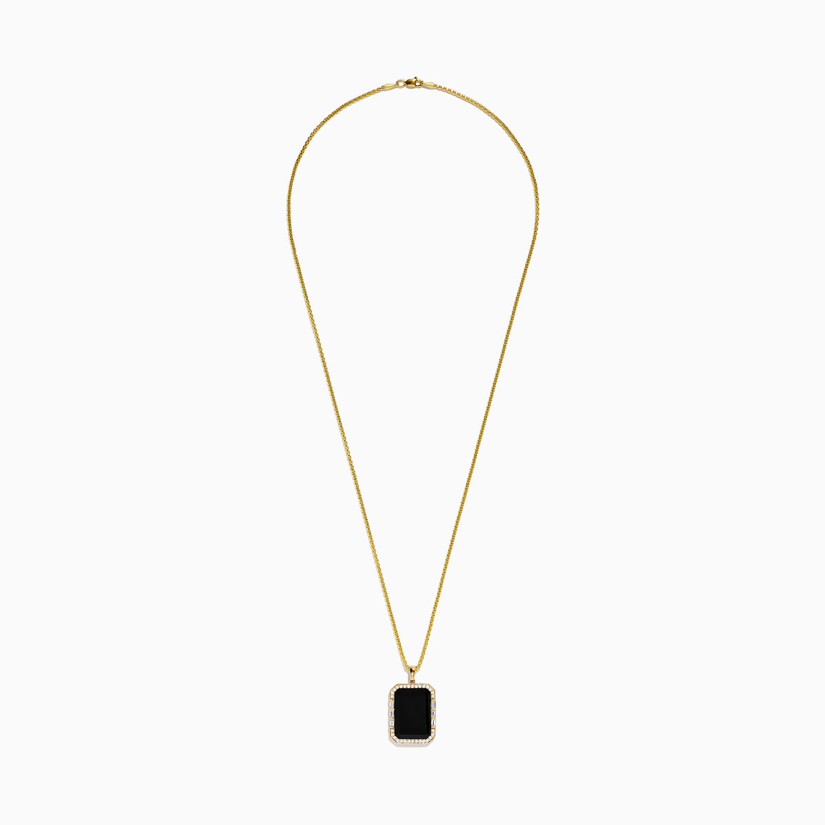 The Mens 14K Yellow Gold Black Onyx and Diamond Pendant features a rectangular black onyx bordered by diamonds, hanging from a delicate gold chain against a white background.