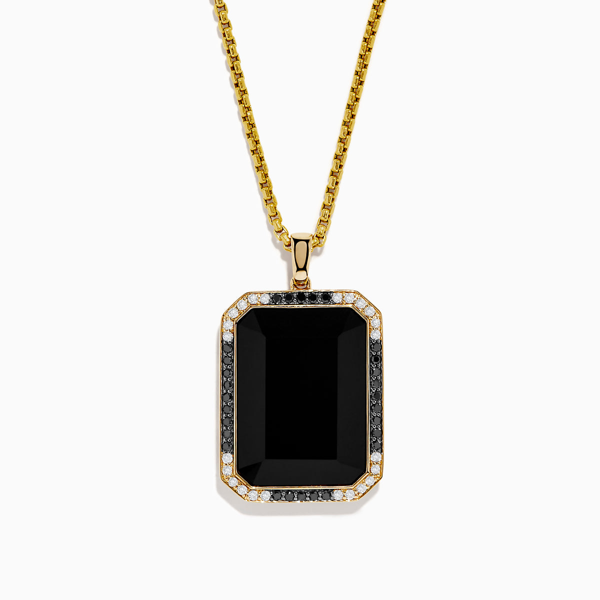 The Eclipse Mens 14K Yellow Gold Onyx Pendant features a large rectangular black onyx bordered with black and white stones, shown against a white background.