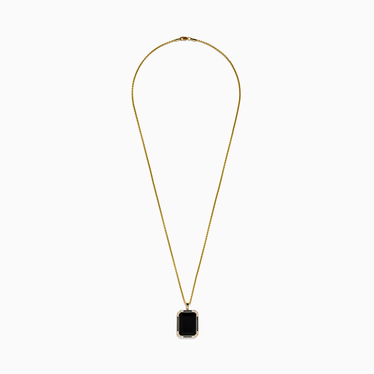 The Eclipse Mens 14K Yellow Gold Onyx Pendant features a large rectangular black onyx bordered with black and white stones, shown against a white background.