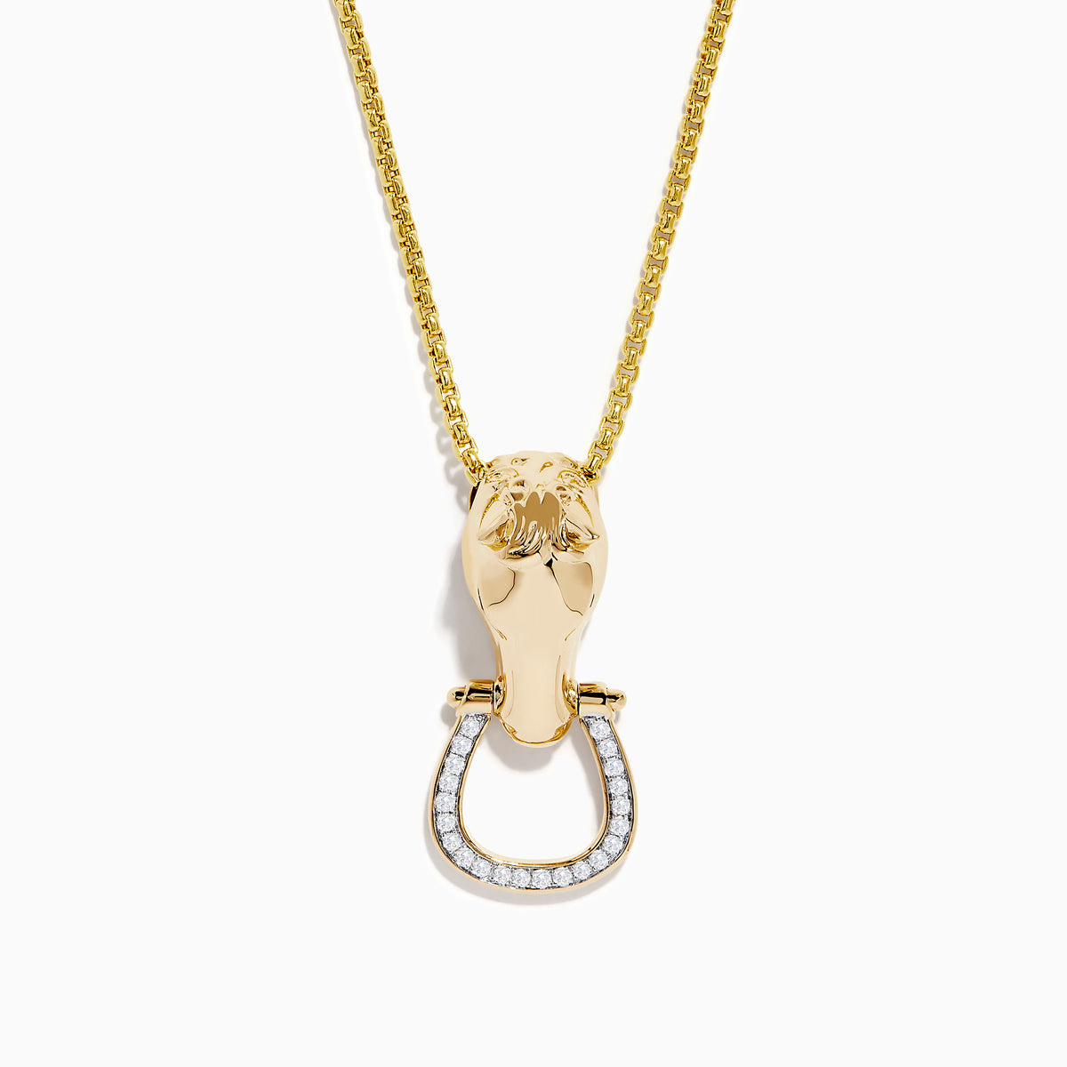 The Mens 14K Yellow Gold Diamond Horse Pendant features a horses head holding a horseshoe ring set with small white diamonds.