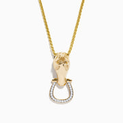 The Mens 14K Yellow Gold Diamond Horse Pendant features a horses head holding a horseshoe ring set with small white diamonds.