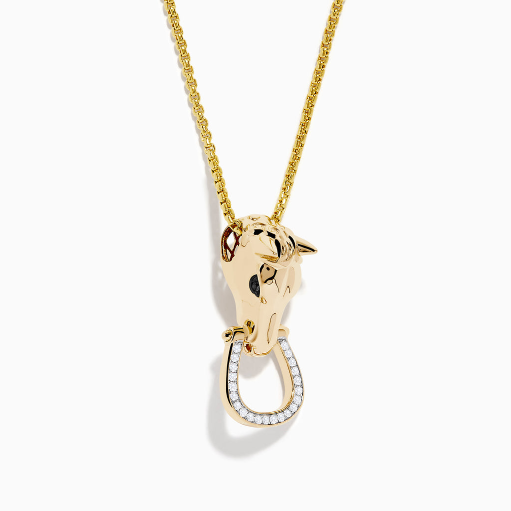 The Mens 14K Yellow Gold Diamond Horse Pendant features a horses head holding a horseshoe ring set with small white diamonds.