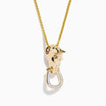 The Mens 14K Yellow Gold Diamond Horse Pendant features a horses head holding a horseshoe ring set with small white diamonds.