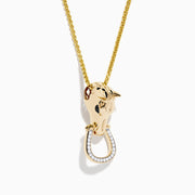 The Mens 14K Yellow Gold Diamond Horse Pendant features a horses head holding a horseshoe ring set with small white diamonds.