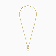 The Mens 14K Yellow Gold Diamond Horse Pendant features a horses head holding a horseshoe ring set with small white diamonds.